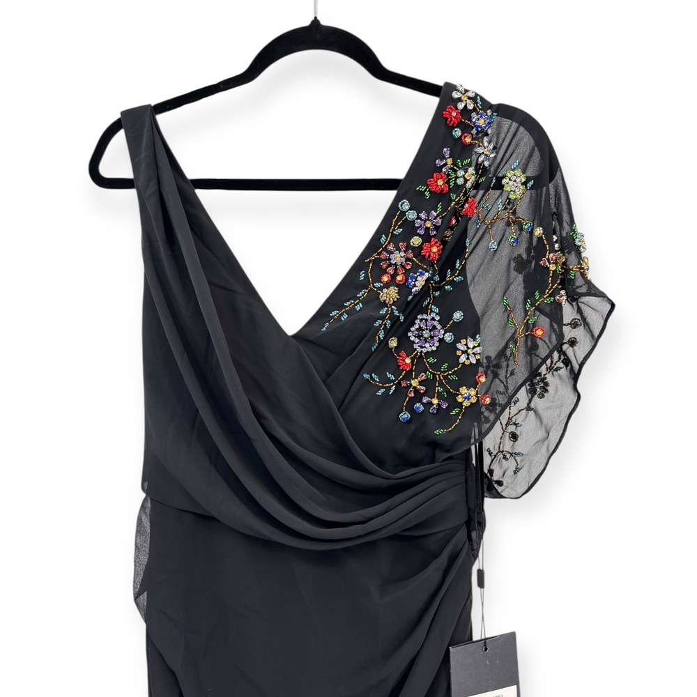 NWT‎ Mac Duggal Black Faux Wrap Multi Colored Beaded Floral Gown $798 - Size 2 - Picture 6 of 15